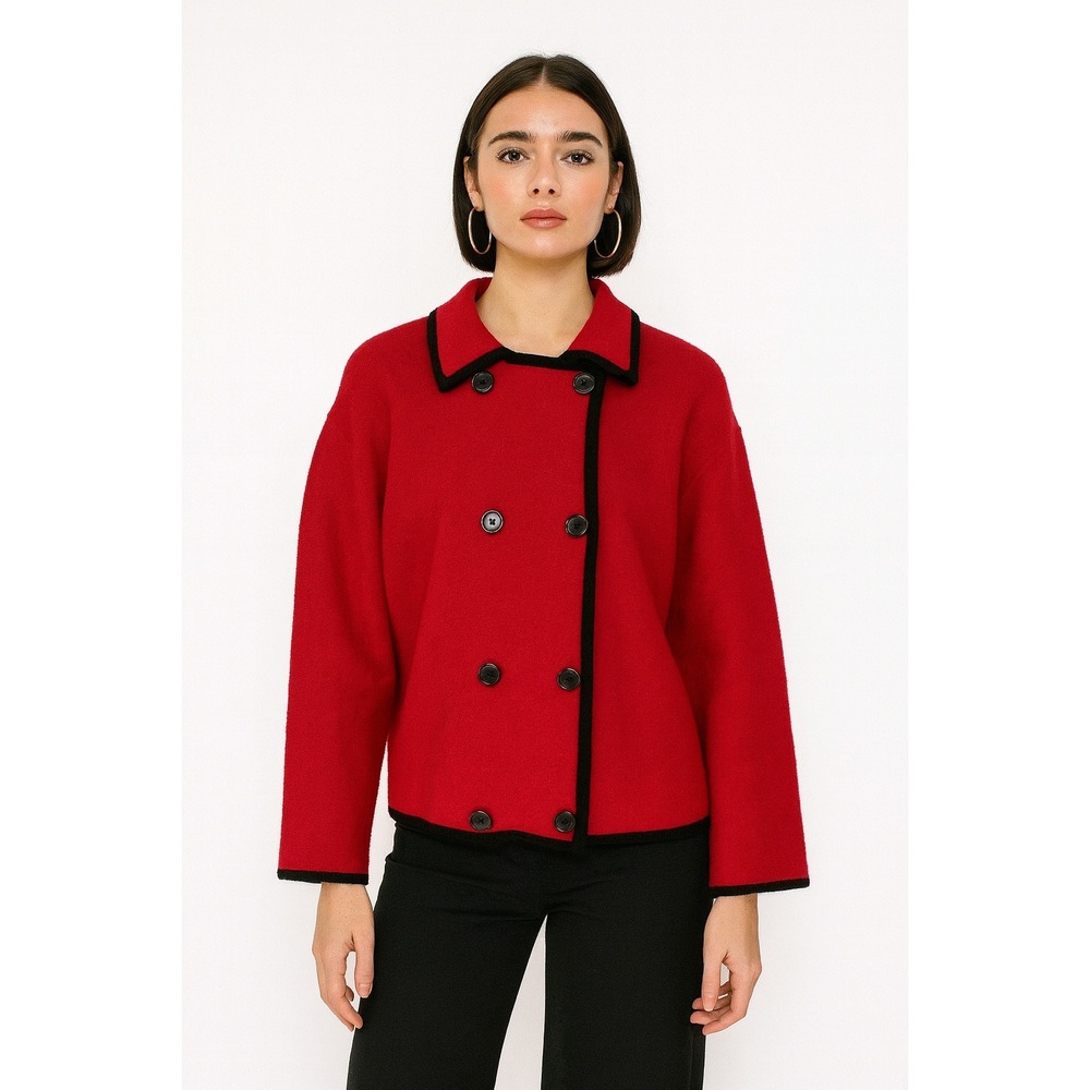Red Double-Breasted Wool-Blend Jacket with Black Trim